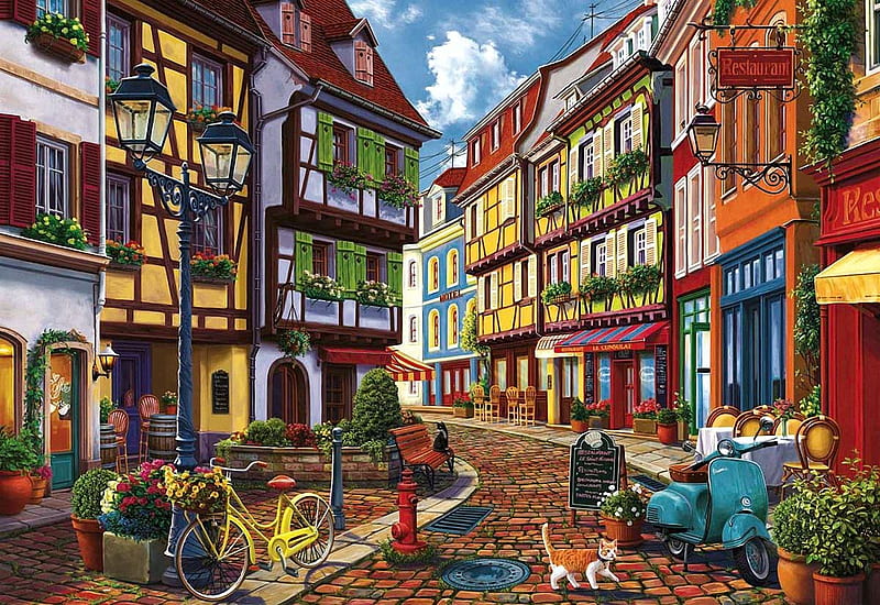 Cobblestone Alley, town, houses, bench, flowers, bicycle, cat, street, scooter, artwork, digital, HD wallpaper
