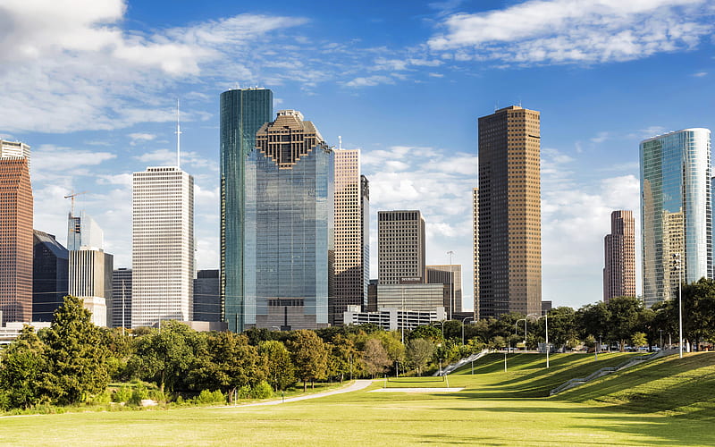 Houston, skyscrapers, Heritage Plaza, JPMorgan Chase Tower, Wells Fargo Plaza, Houston skyline, Houston cityscape, Texas, USA, HD wallpaper