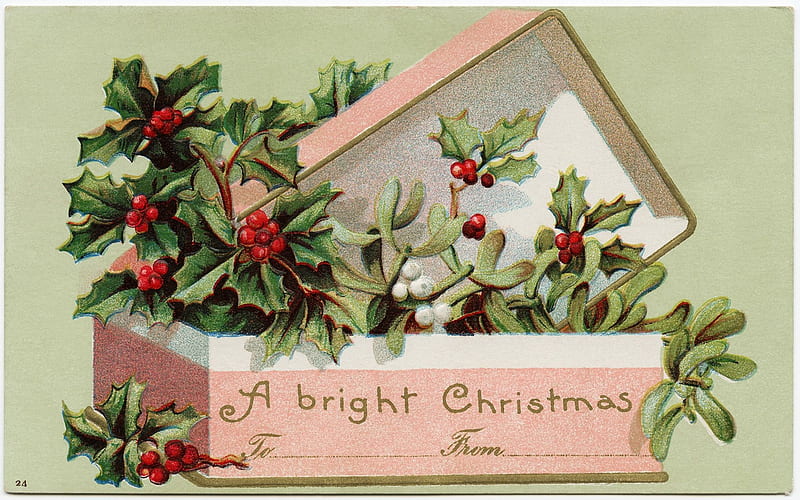 Merry Christmas!, green, box, gift, pink, vintage, card, red, craciun, christmas, mistletoe, HD wallpaper