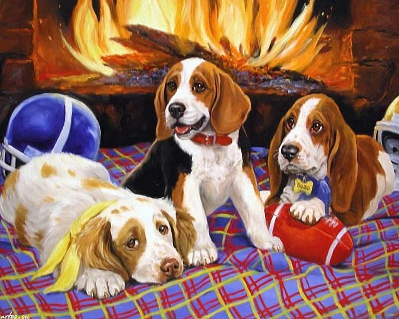 Linda Picken, puppies and football, art, ball, painting, Linda Picken, dog, puppies and football, HD wallpaper