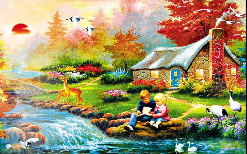 Peaceful day, stream, art, house, painting, birds, kids, HD wallpaper