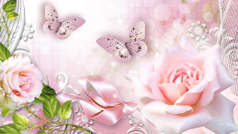 Roses Pink Glow, flowers, glow, rose, ribbon, embellished, butterflies, spring, leaves, bokeh, butterfly, bright, summer, papillon, flowers, pink, HD wallpaper