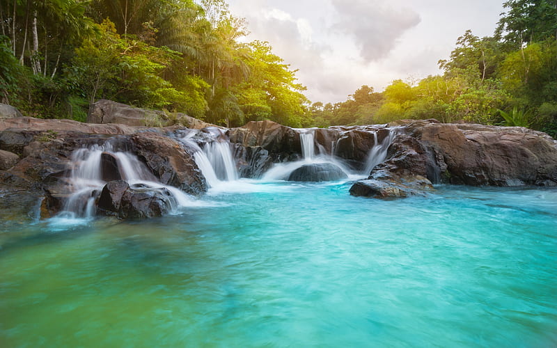 waterfall, rainforest, Thailand, river, jungle, evening, sunset, HD wallpaper