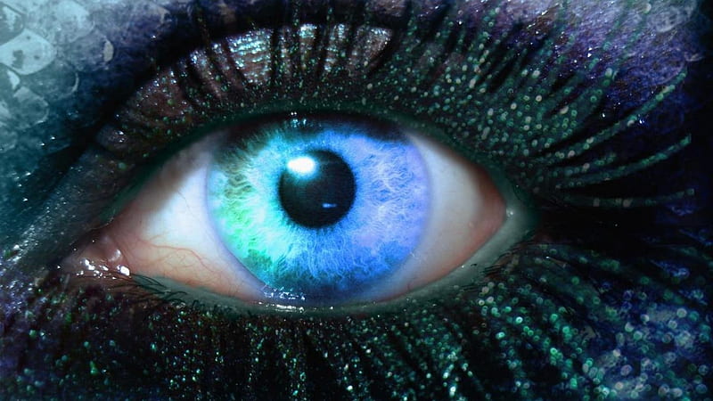 Mermaid's eye, fantasy, eye, glitter, makeup, mermaid, creative, blue, HD wallpaper