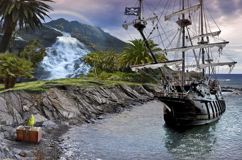 Pirate's Treasure, mountain, ship, case, sailship, river, parrot, island, coast, HD wallpaper