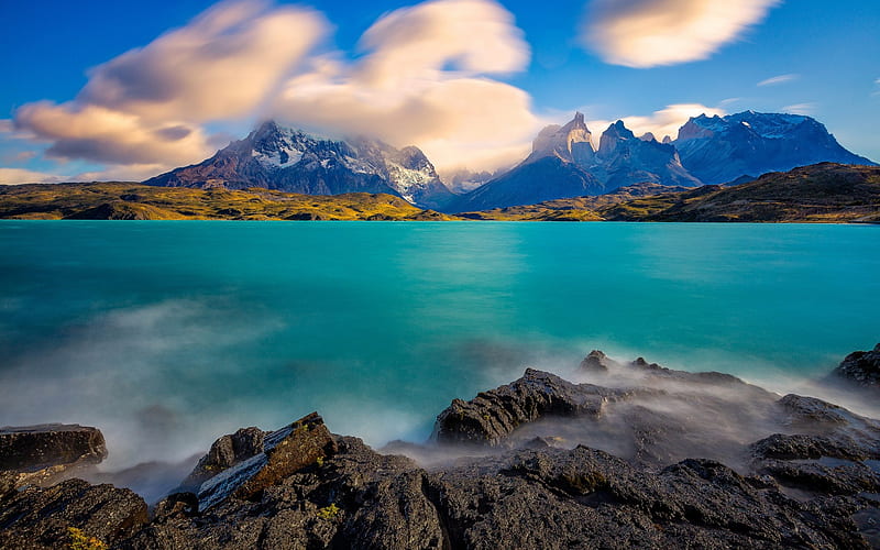 Lake Dixon, blue lake, mountains, Andes, Chilean Antarctic, Torres del Paine, Magallanes, Chile, HD wallpaper
