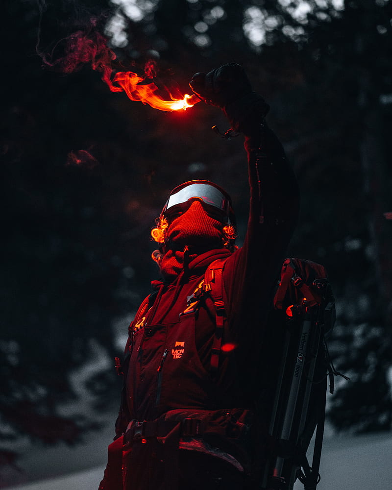 man, mask, pyrotechnics, fire, light, dark, HD phone wallpaper