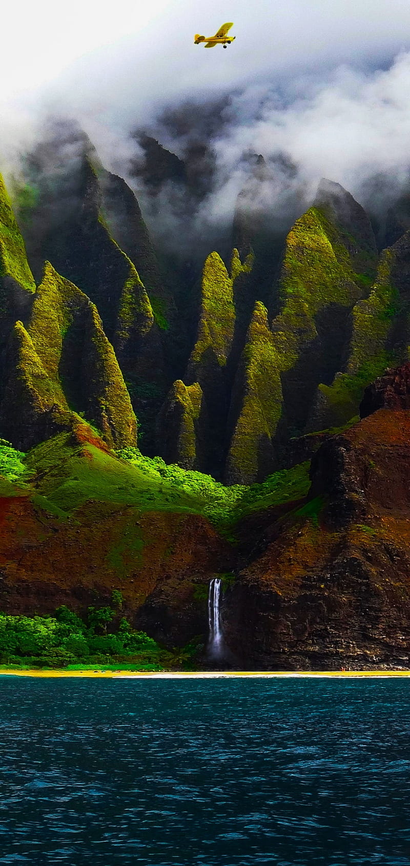 Sea Waterfall, cloud, green, mountain, nature, plane, sky, HD phone wallpaper