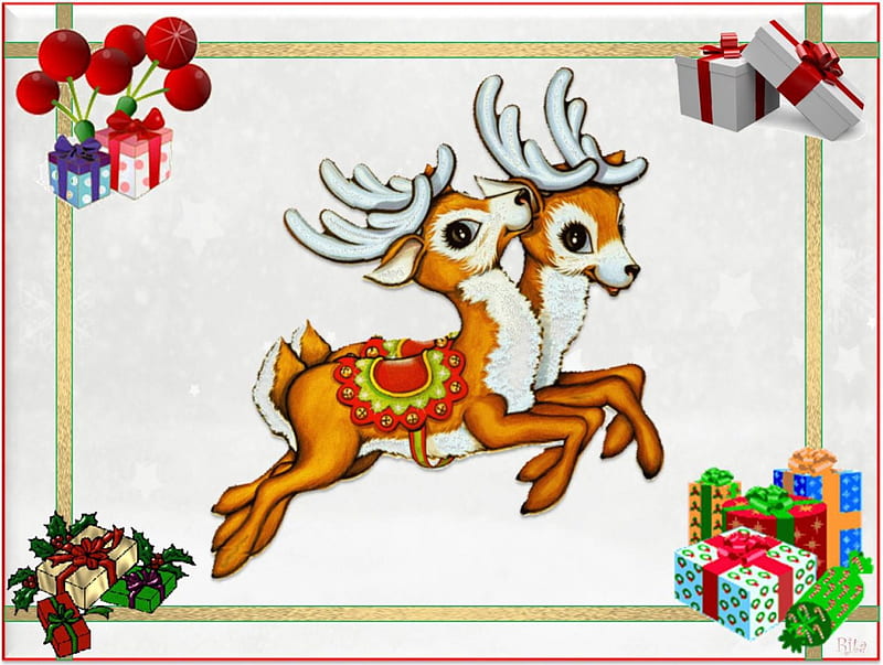 SANTA'S LITTLE HELPERS TAKE A BREAK!, merry christmas, santas helpers, parcels, two reindeers, HD wallpaper