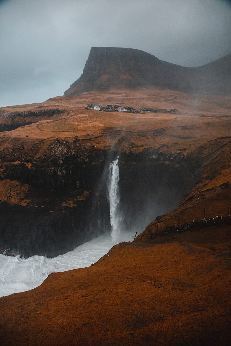 rocks, waterfall, fog, settlement, HD phone wallpaper