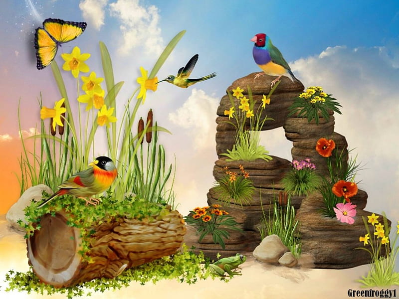 FANTASY GARDEN, CREATION, BIRDS, GARDEN, FLOWERS, HD wallpaper