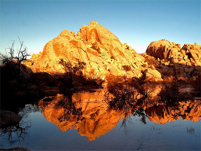 Golden Bluff Reflection, water, rock, bluff, river, sunset, reflections, lake, HD wallpaper