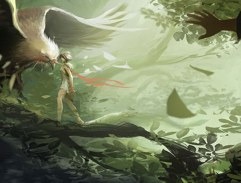 Princess Mononoke, girl, anime, forests, trees, giant bird, HD wallpaper