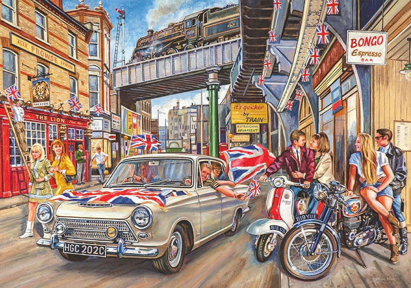 Spirit of the Sixties, train, people, houses, town, car, painting, bike, artwork, HD wallpaper