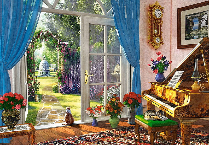 Doorway Room View, piano, artwork, digital, garden, room, cat, HD wallpaper