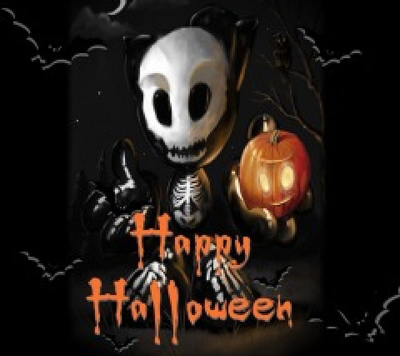 Happy Halloween, skeleton, lovely, lantern, black, bonito, abstract, cute, pumpkin, beauty, Hallowen, season, bones, white, HD wallpaper