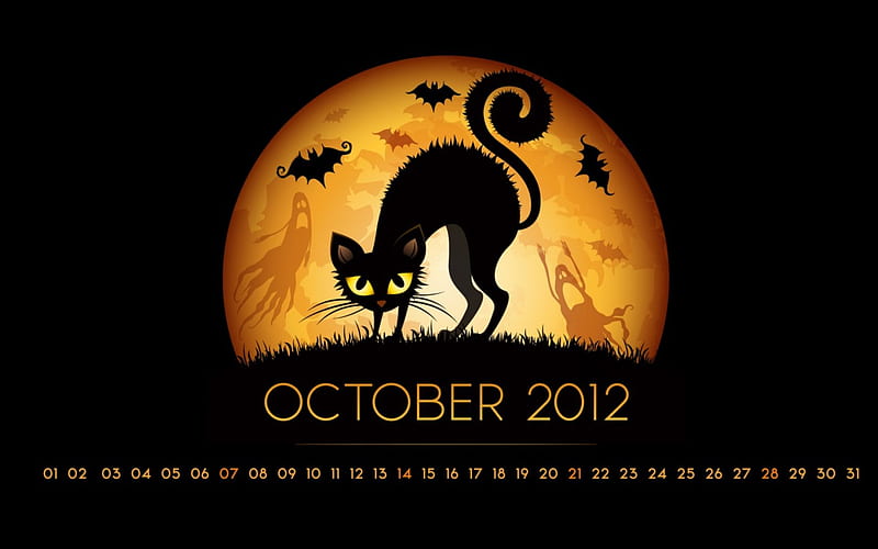 October 2012, agenda, fall, art, wonderful, halloween, 2012, black, cat, calendar, octobre, ghost, splendor, bat, october, HD wallpaper