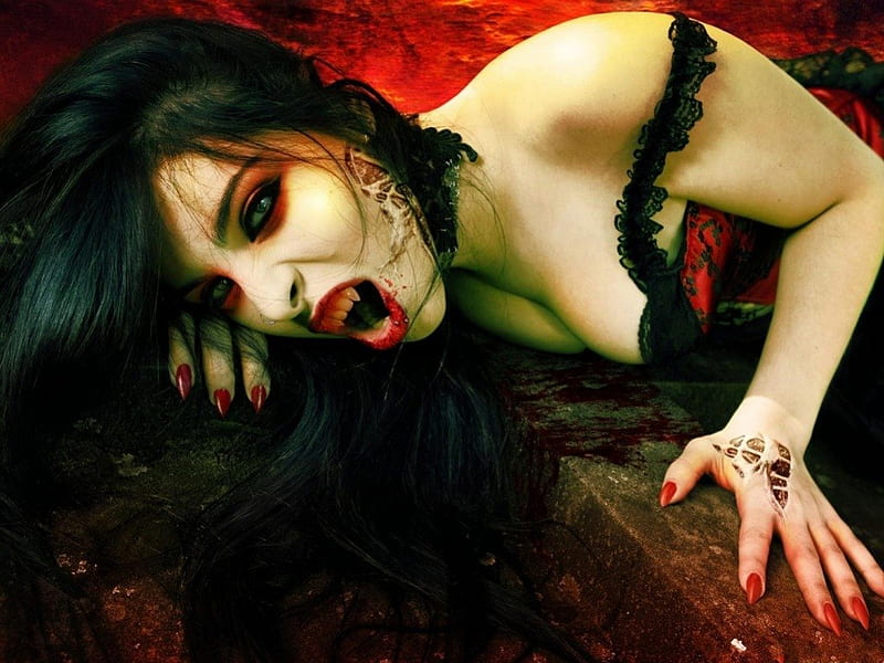 Vampire, brunette, girl, gothic, teeth, blood, HD wallpaper