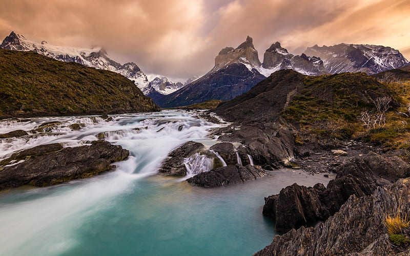 Andes, mountains, sunset, mountain river, Chile, Patagonia, Torres del Paine National Park, HD wallpaper
