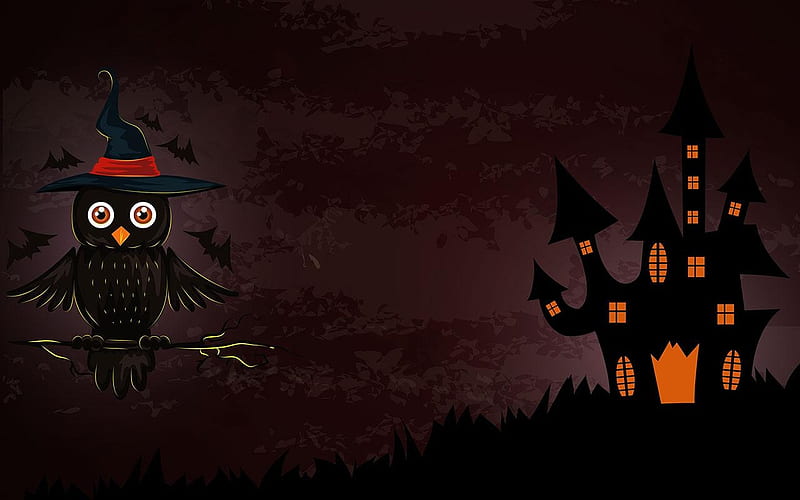 Halloween, dark, night, fantasy, owl, mansion, witch, HD wallpaper