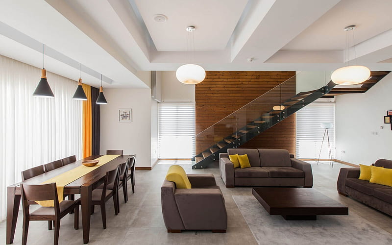 living room, modern design, glass staircase, modern interior, dining room, HD wallpaper