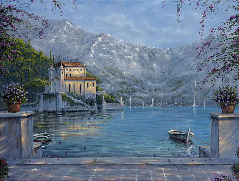Villa Di Lago Lake Como Italy, pot, villa, trees, lake, boats, water, mountains, painting, flowers, gondola, HD wallpaper