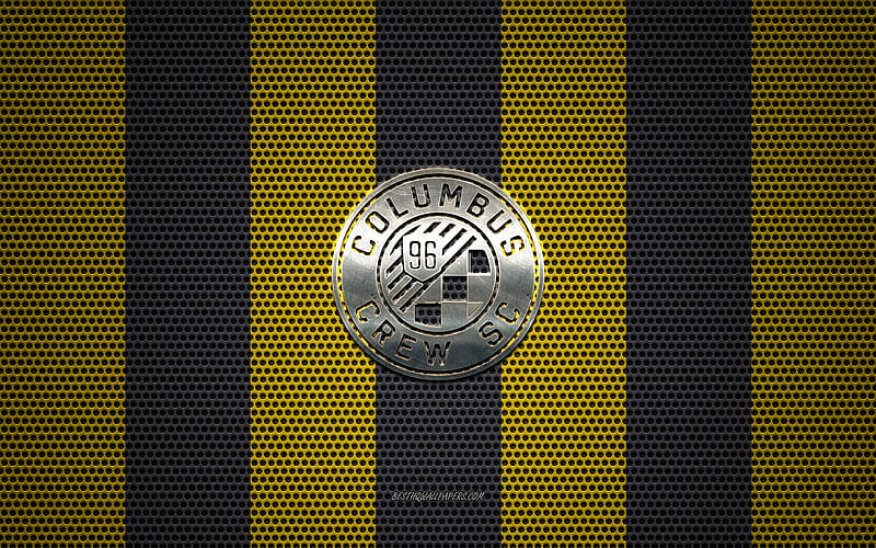 Columbus Crew logo, American soccer club, metal emblem, yellow-black metal mesh background, Columbus Crew, NHL, Columbus, Ohio, USA, soccer, HD wallpaper