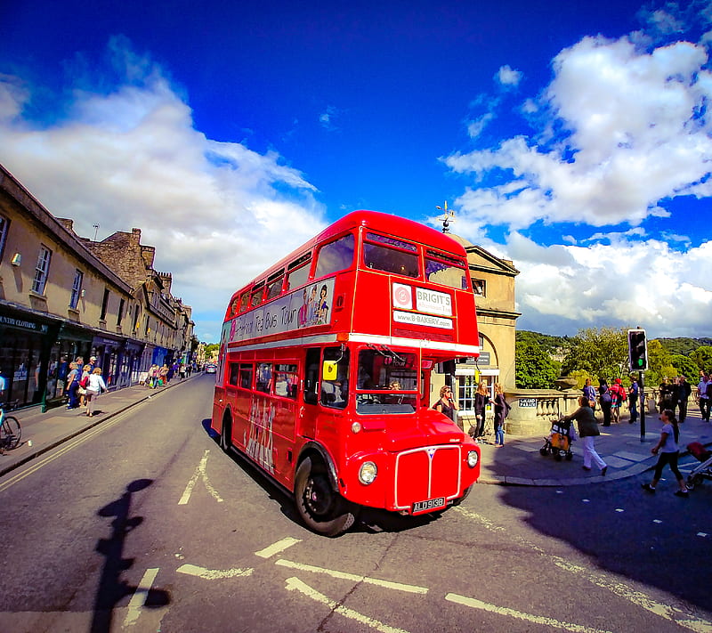 The red bus, automotive, bath, blue sky, car, drive, england, headlights, history, object, old, outdoor, represent, road, transport, transportation, travel, uk, vehicle, HD wallpaper