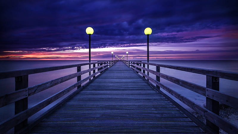 Purple Wooden Bridge During Purple Sunset Purple, HD wallpaper