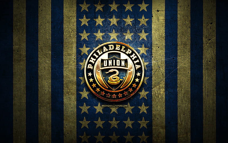 Philadelphia Union flag, MLS, blue brown metal background, american soccer club, Philadelphia Union logo, USA, soccer, Philadelphia Union FC, golden logo, HD wallpaper
