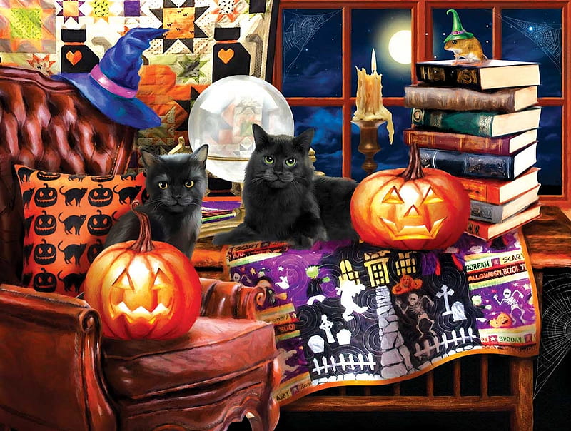 Halloween, art, orange, pumpkin, painting, black, pictura, cat, HD wallpaper