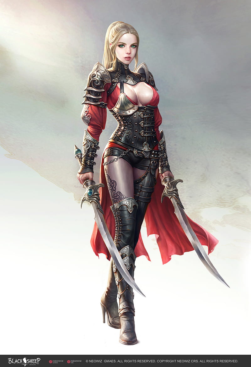 Young June Choi, drawing, women, blonde, warrior, ponytail, armor, red clothing, weapon, sword, high heels, boots, mantle, green eyes, HD phone wallpaper