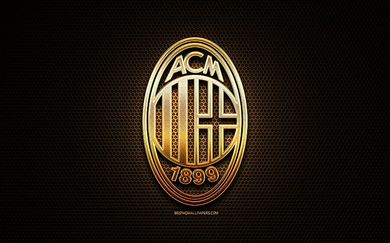 Milan FC, glitter logo, Serie A, italian football club, metal grid background, Milan glitter logo, football, soccer, AC Milan, Italy, HD wallpaper