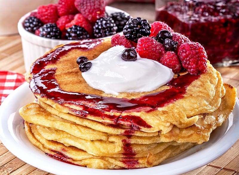 Food, Raspberry, Blackberry, Cream, Berry, Fruit, Jam, Breakfast, Pancake, HD wallpaper