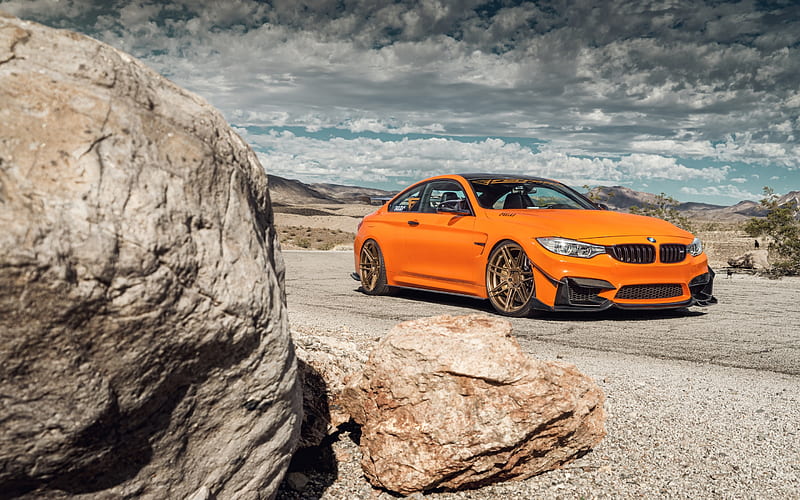 BMW M4, 2018, F82, orange tuning coupe, orange m4, German sports cars, BMW, HD wallpaper