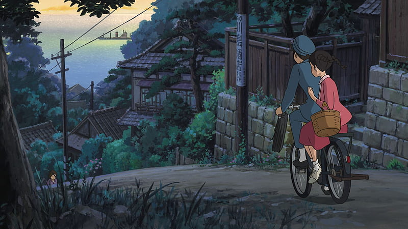 Evening Ride To The Market, Umi Matsuzaki, Powerlines, Anime Girl, Power Pole, Anime Friends, Anime Guy, Ship, Couple, Anime Couple, Anime, Ocean, School Uniform, Trees, Japanese House, Umi, Black Hair, Bicycle, Matsuzaki, Short Hair, Lovers, Kazama, Seifuku, Shun Kazama, Anime Lovers, Hand Basket, Shun, HD wallpaper