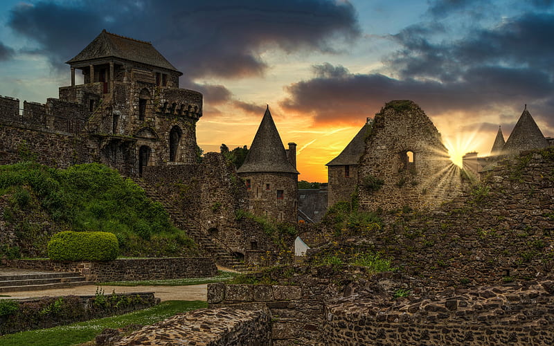 Fougeres Castle, evening, sunset, old fortress, tower, beautiful castle, Brittany, Fougeres, France, Chateau de Fougeres, HD wallpaper