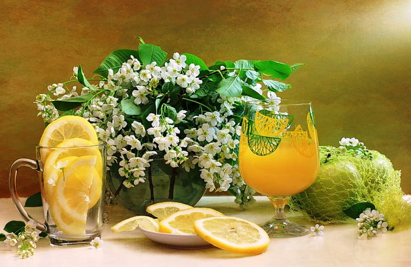Refreshing, juice, fresh, glasses, lemon, fruit, vitamins, flowers, nature, natural, HD wallpaper