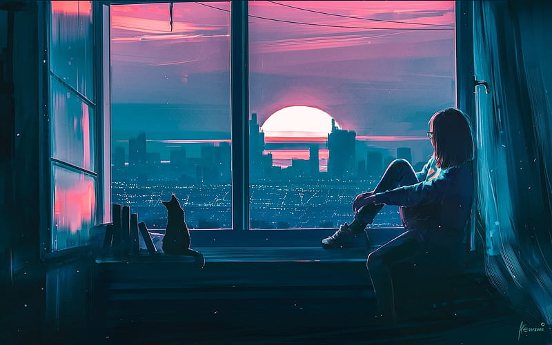The Way You Are, city, sunset, window, girl, cat, HD wallpaper