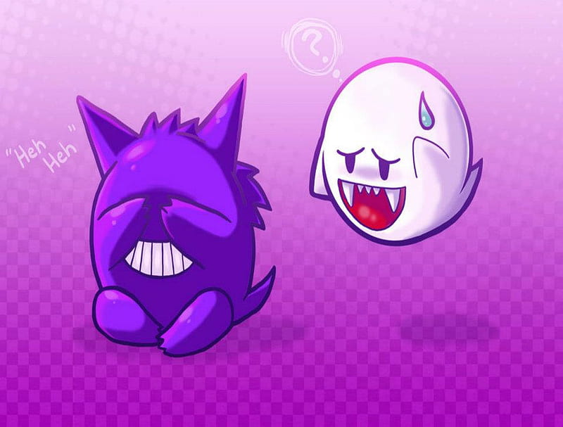 Gengar Scared of Boo..., purple, gengar, a ghost, mario bros, ghost pokemon, pokemon, scared, HD wallpaper