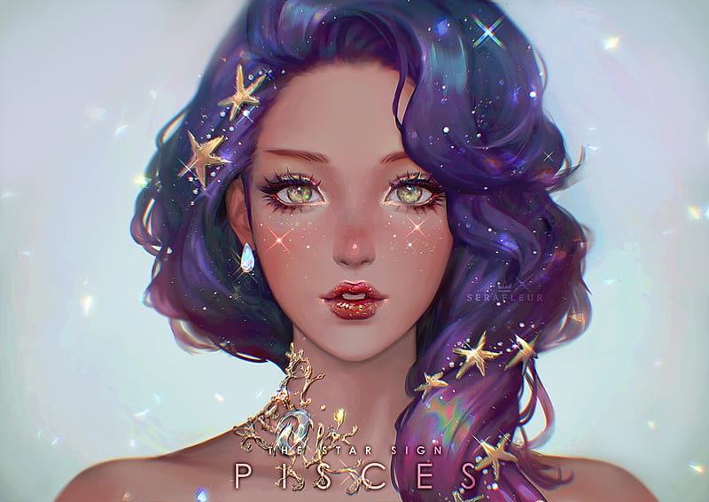 Zodiac ~ PIsces, purple, girl, serafleur, pisces, zodiac, face, art, frumusete, luminos, fantasy, pesti, HD wallpaper
