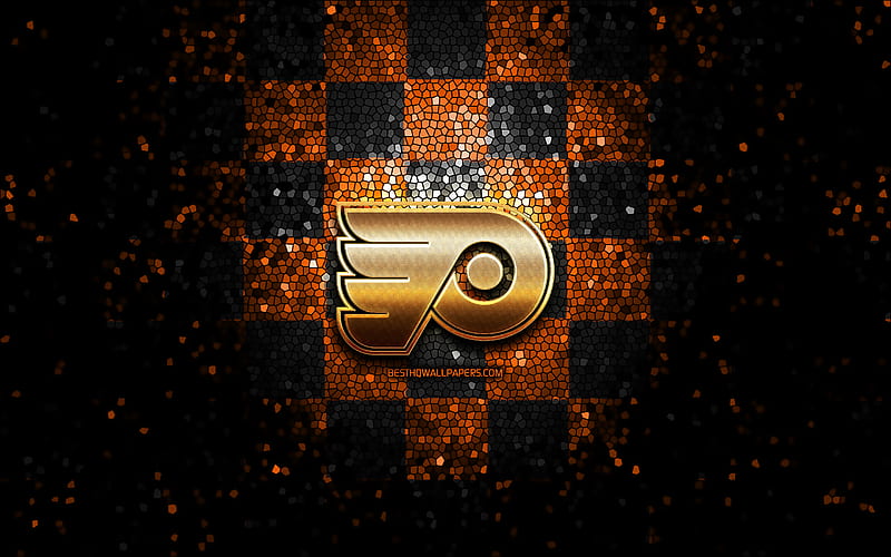 Philadelphia Flyers, glitter logo, NHL, orange black checkered background, USA, american hockey team, Philadelphia Flyers logo, mosaic art, hockey, America, HD wallpaper