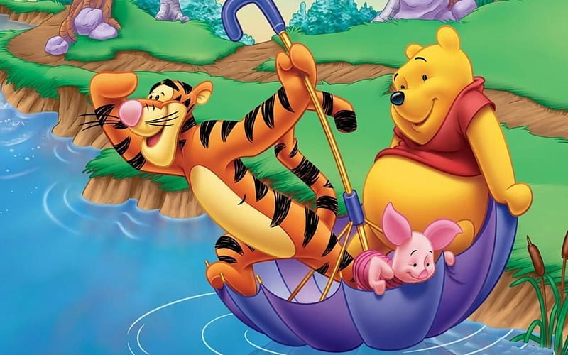 Winnie the Pooch and Friends, umbrella, Winnie the Pooch, tiger, piglet, HD wallpaper