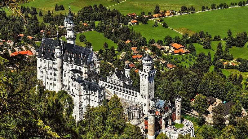the quintessential gorgeous castle, towers, village, trees, castle, hill, HD wallpaper