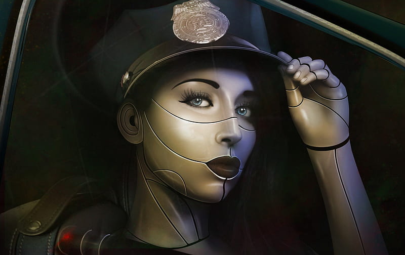 Cyborg police woman, cyborg, black, woman, hat, fantasy, girl, green, police, face, white, HD wallpaper