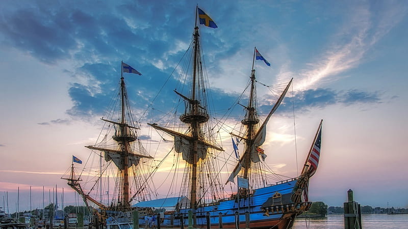 beautiful old sail ship docked in kalmar sweden r, dock, flags, people, masts, sail ship, dusk, r, HD wallpaper