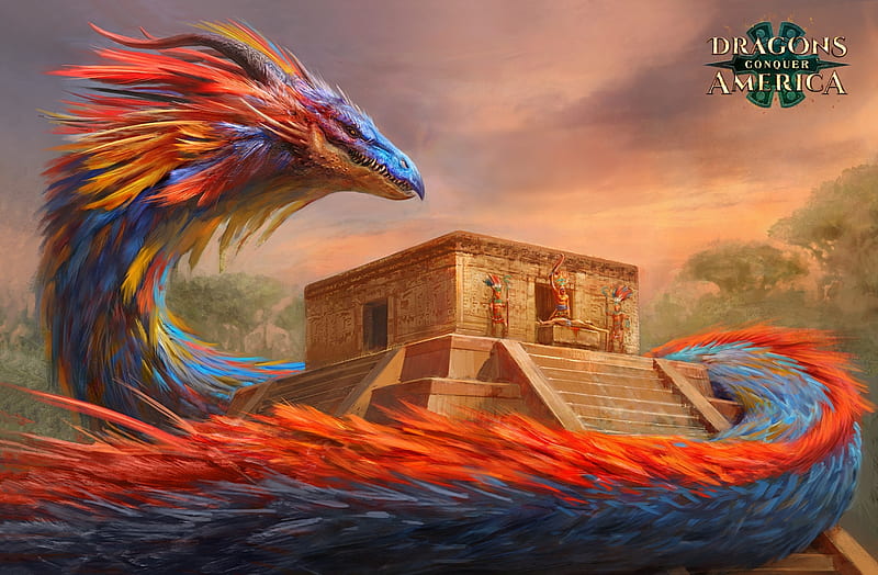 Quetzalcoatl, art, frumusete, luminos, orange, game, dragon, fantasy, feather, antonio j manzanedo, blue, HD wallpaper