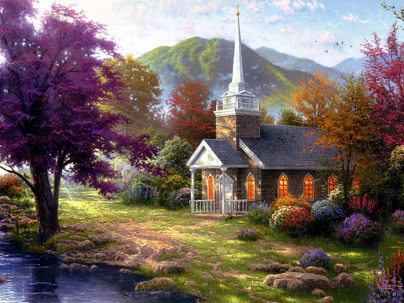 Country Church, painting, country, church, iol, HD wallpaper