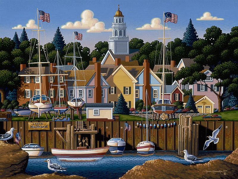 Marblehead, art, city, painting, eric dowdle, pictura, HD wallpaper