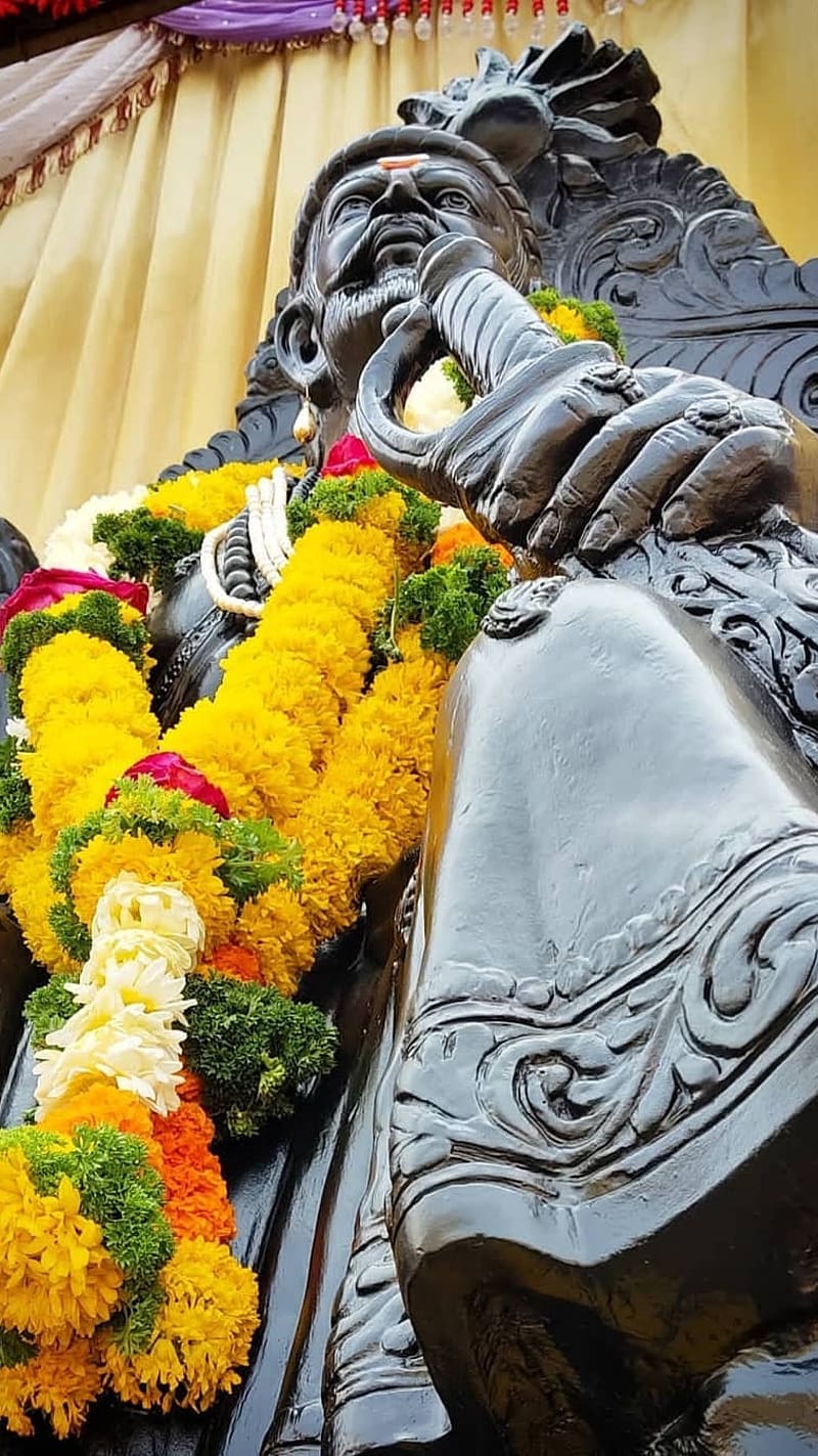 Shivaji Maharaj Ansa, Black Statue, flowers, king, veer shivaji, HD phone wallpaper